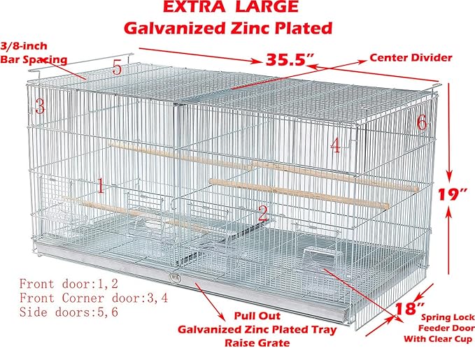 Lot-2 Extra Large 35.5"x18"x19"H No Rust Stainless Galvanized Zinc Stackable Breeder Bird Flight Cage Side Breeding Nest Box Door Removable Divider with Removable Rolling Stand