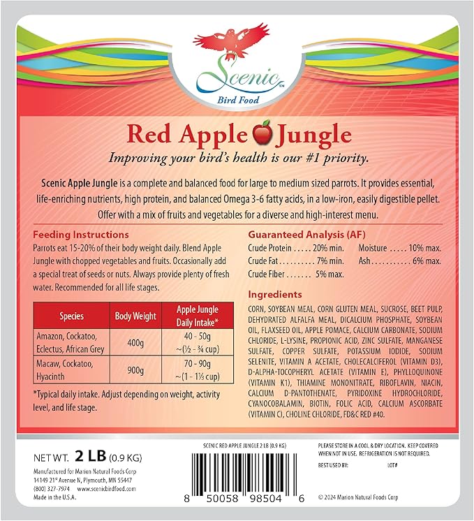 Scenic Apple Jungle Premium Parrot Food, Apple, Natural Flavors, High Protein, Low Iron Bird Pellets for Large Parrots, Macaw Food, Cockatoo, African Grey Parrots, Omega 3, Vitamins, 2lb (Pack of 2)