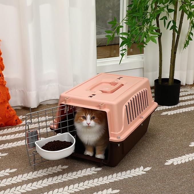 2 Set Pet Carrier for Small Dogs and Cat, Hard Shell Plastic Dog Crate with Bowl and Cooling Pad Fully Breathable Portable Kennel for Small Pet Travel Camp (Brown,18.9 x 12.6 x 11.8 Inch)