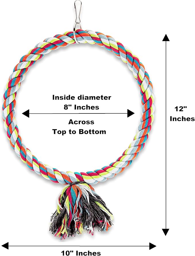 Spoiled Pet® Large Circle Cotton Bird Rope Swing Perch - Made with All Natural Materials - Safe to Climb and Chew - Great for African Grey Parrots, Cockatiels, Parakeets, and Cockatoos