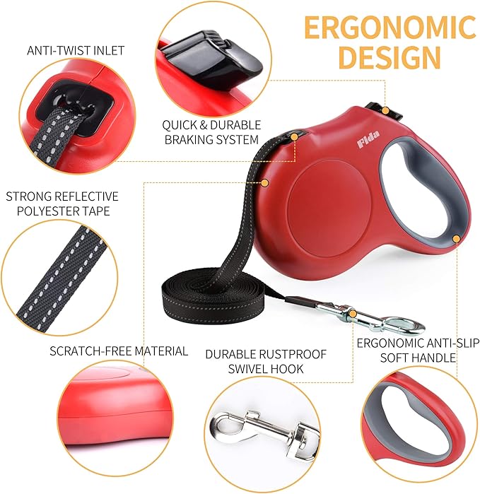 Fida Retractable Dog Leash with Dispenser and Poop Bags, 16 ft Pet Walking Leash for Medium Dog or Cat up to 44 lbs, Anti-Slip Handle, Tangle Free, Reflective Nylon Tape (M, Red)