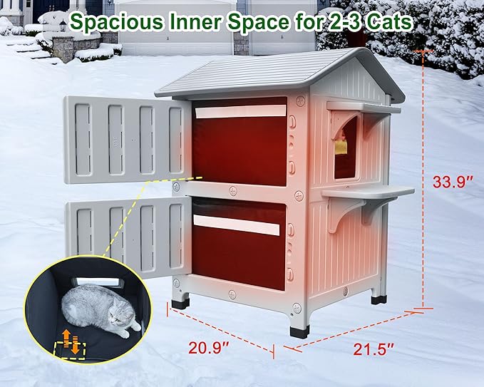 Rockever Plastic Outdoor Cat House with Insulated Liner, 100% Insulated Outdoor Cat Houses for Winter, Waterproof 2 Story Outside Cat Shelter, Clean and Assemble Easily-White
