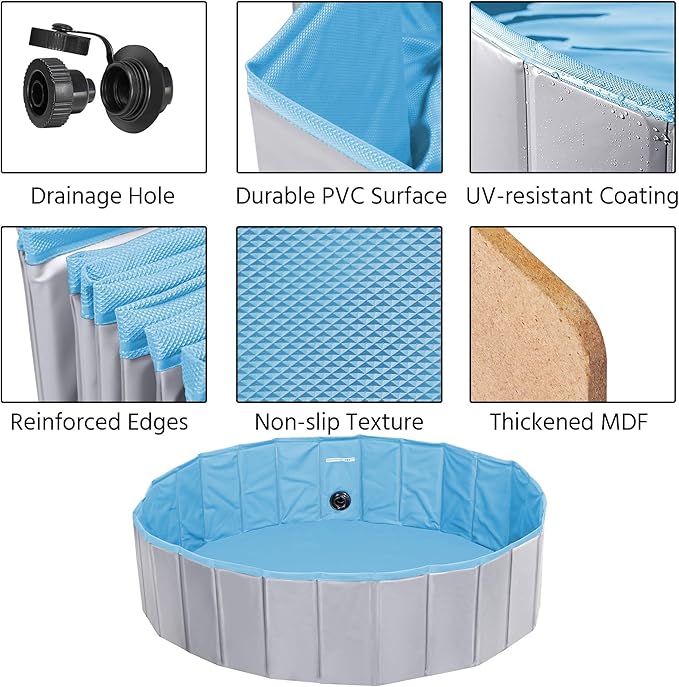 Yaheetech Dog Pet Bath Pool Foldable Hard Plastic Doggie Duck Swimming Pool Collapsible PVC Outdoor Bathing Tub Dog Pools for Large Small Dogs-47 x 11.8 inch,L,Grey