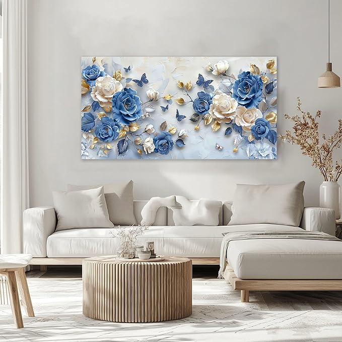 Large Flower Wall Art Canvas Living Room Floral Pictures Framed Prints Oversize Wall Decor Blue Butterfly Painting for Bedroom Dining Office Home 60"x30"