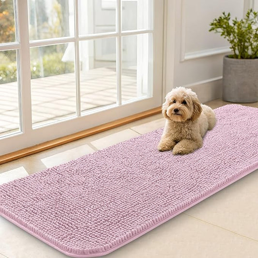 OLANLY Dog Door Mat for Muddy Paws 47x20, Absorbs Moisture and Dirt, Absorbent Non-Slip Washable Doormat, Quick Dry Chenille Mud Mat for Dogs, Entry Indoor Entryway Carpet for Inside Floor, Dusty Rose