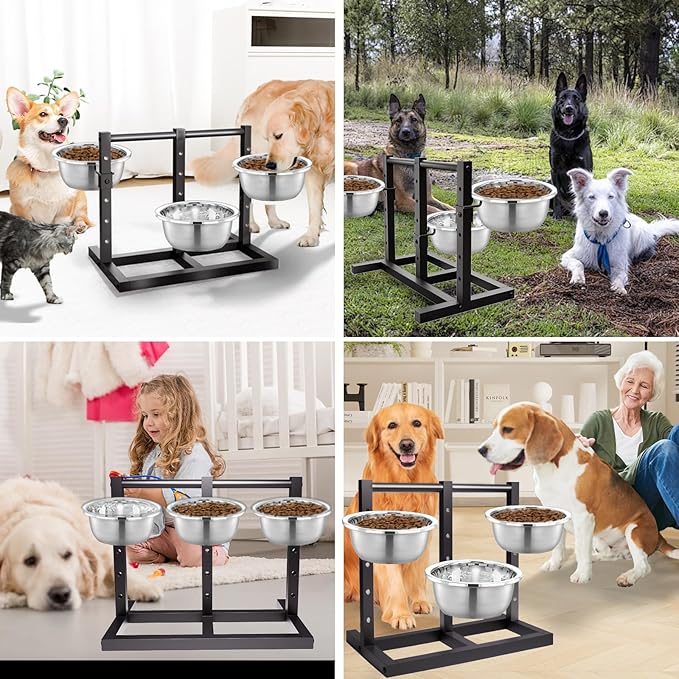 Elevated Dog Bowls Stand Large Breed Metal Raised Dog Bowls Small/Medium/Large Sized, Feeding Station with 5 Heights Adjustable,3 Food Water Bowl Feet with Non-Slip Feet