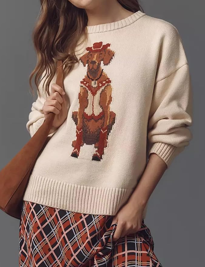 Dog Print Sweater for Women Cute Graphic Knit Pullover Tops Long Sleeve Crew Neck Trendy Fall Outfits 2025