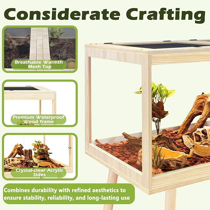 Prolee Bearded Dragon Tank with Leg Stand,Wooden Lizard Tank,Reptile Tank with Metal Mesh Roof Door, Acrylic Panel Snake Tank with Lock Design (Oak, 48"x20"x20")
