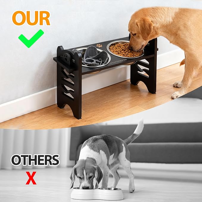 Elevated Dog Bowls,Cat Bowls,9 Height Adjustable Raised Dog Bowl Stand for Small & Medium Pet with 2 Stainless Steel Dishes and Slow Feeder,Bamboo Pet Food Bowl with Non-Slip Feet