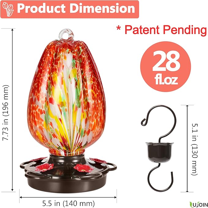 Tulip Shaped Hummingbird Feeder for Outdoors Hanging, Hand Blown Glass, 28 fl.oz, Leak Proof & Rustproof, Includes an Ant Moat, Metal Cover with 5 Feeding Ports, Red