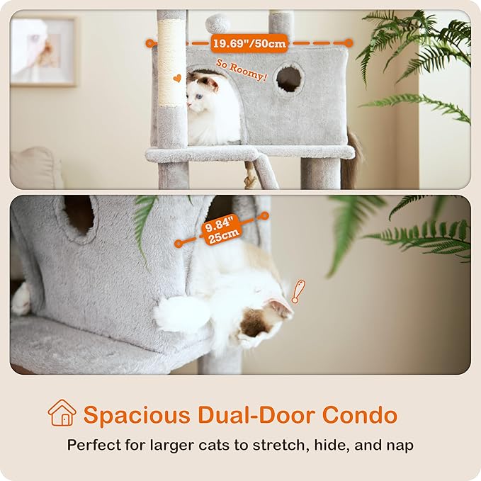 Ouritsu Cat Tree, 61 inch Tall Cat Tower for Large Cat Indoor, Enlarged Condo, 2 Padded Perches with 1 Widened, Large Hammock, Scratching Post and ramp, Fluffy Basket, Light Gray, LF002GA