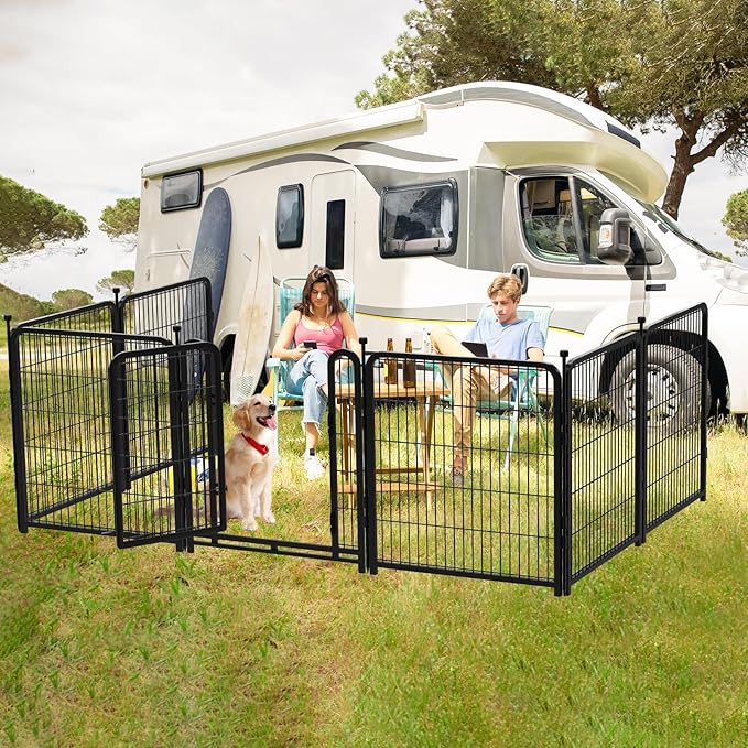 56 in(H) Decorative Garden Fence Panels, Wide Door Low Threshold, Dog Fence Outdoor for Yard. 10 Panels Total 22.1 Ft(L)，No Dig Fencing for Dogs, Black