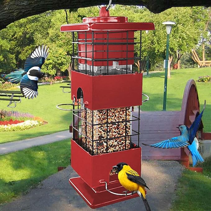 Squirrel Proof Bird Feeder, Metal Bird Feeders for Outdoors, 3 Lbs Birdfeeder Outside Hanging, Weight Activated Spring, 4 Feeding Ports, Cardinals, Finches and Sparrows, Wild Birds (Red)