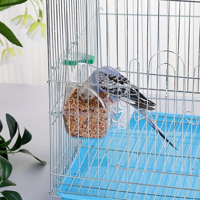 2 Pack Bird Feeder Bowl Clear Water Container Bird Cage Dish No Mess Parakeet Hanging Food Cup for Cage Plastic Parakeet Feeder with Perch