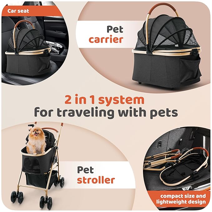 Pet Stroller for Small Medium Dogs & Cats – 2-in-1 Detachable Carrier, Zipperless Entry, Lightweight Folding Travel Stroller with Storage Basket, Cup Holder, Black