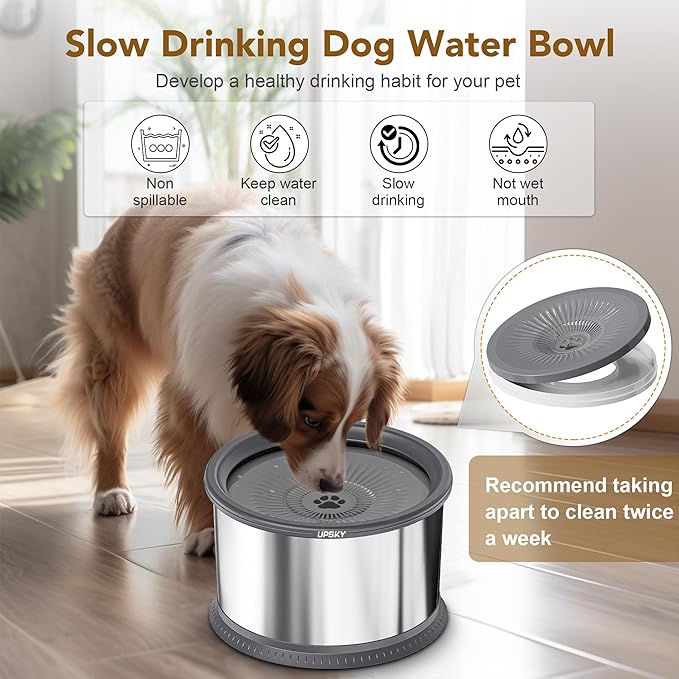 UPSKY 6.5L Dog Water Bowl,1.6 Gallon Super Large Capacity No Spill Dog Water Bowl,Stainless Steel Spill Proof Slow Water Feeder,No Splash Water Bowl with Anti-Slip Mat for Messy Drinkers Grey