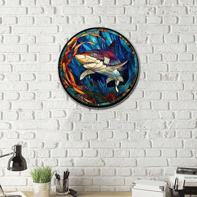 Lygond Metal Sign Tin Sign Circular Stained Glass Shark2 Home Deccor Store Home Decor for Patio 12×12 Inches