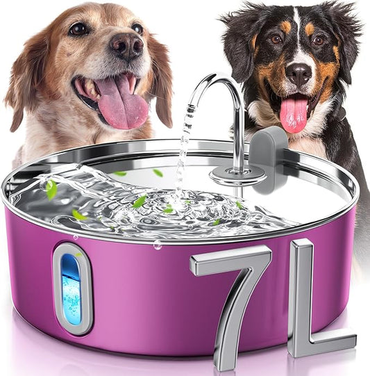 Dog Water Fountain for Large Dogs 7L/236oz Stainless Steel Dog Water Bowl Dispenser Automatic Pet Water Fountain, Multi-Filtration Pet Fountain with Ultra-Quiet Pump (Pink)