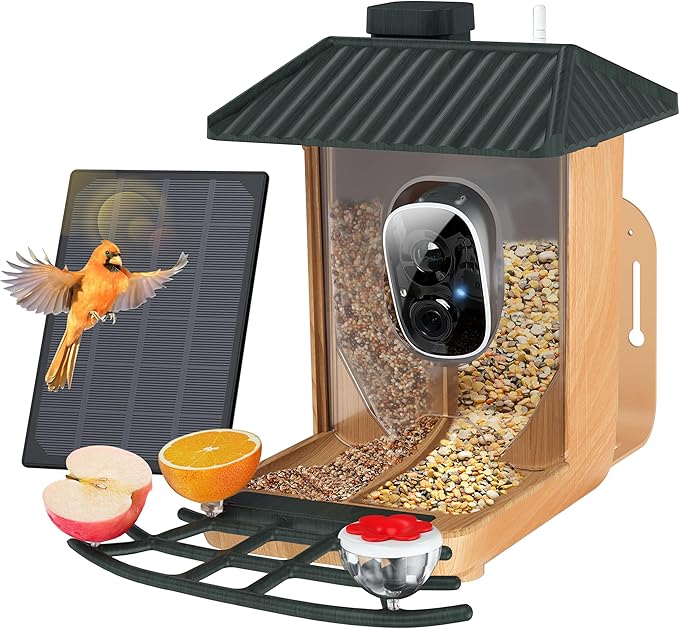 Osoeri Smart Bird Feeder with Camera, 1080P HD AI Identify & Capture Bird Videos, Auto Motion Detection, DIY Add-ons & Hummingbird Feeder, Wood Color-2 Bins