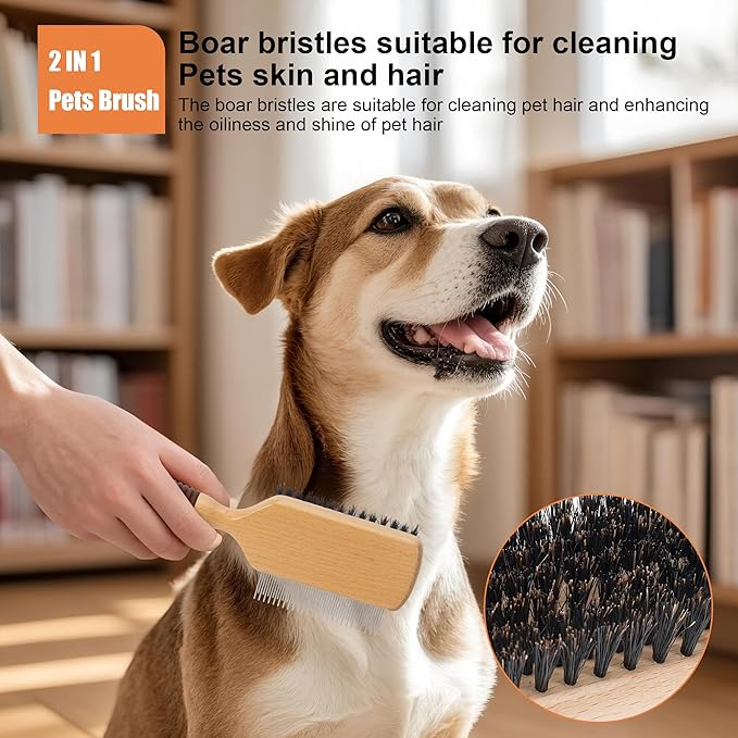 2 in 1 Pin and Boar Bristle Brush for Dogs & Cats, Shedding Grooming Dog Brush for Short Haired Dogs, Cats, Pets with Beech Wood Rubber Handle