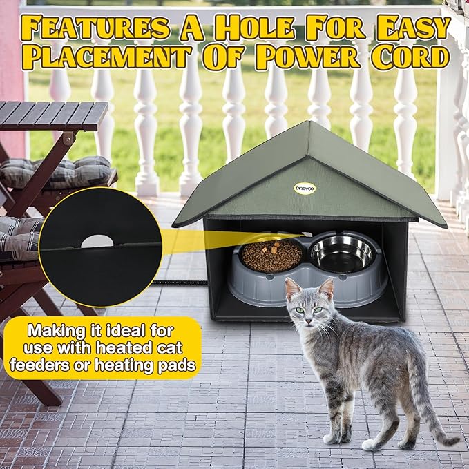 Dreyoo 2 Pack Outdoor Cat Feeding Station for Food & Water, Weatherproof Outdoor Kitty Dining Room Cat Shelter for Stray, Feral Cats and Community Cats, 13”d x 17”w x 15.5'h (Dark Green)