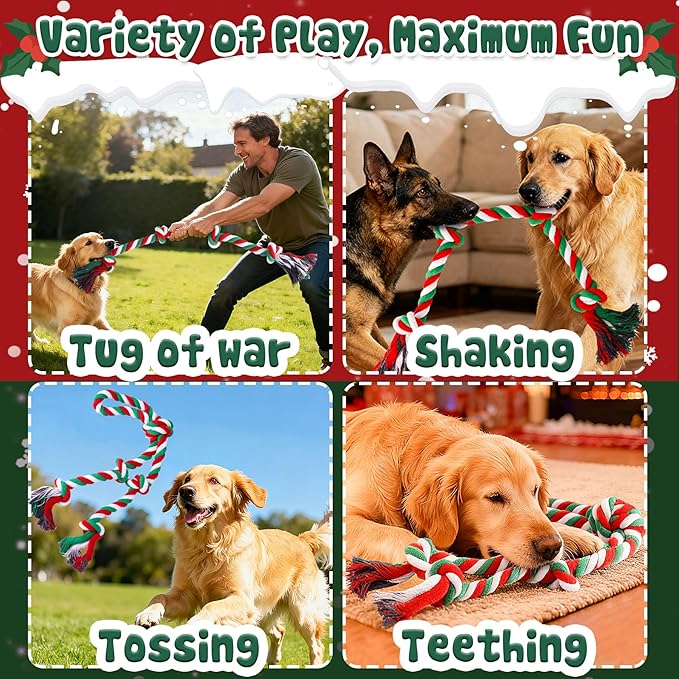 Heavy Duty Christmas Dog Rope Toys for Aggressive Chewers- Tough Tug of War & Chew Toys for Large, Medium & Small Dogs, 5 Pack Including 2 Ropes & 3 Supplies
