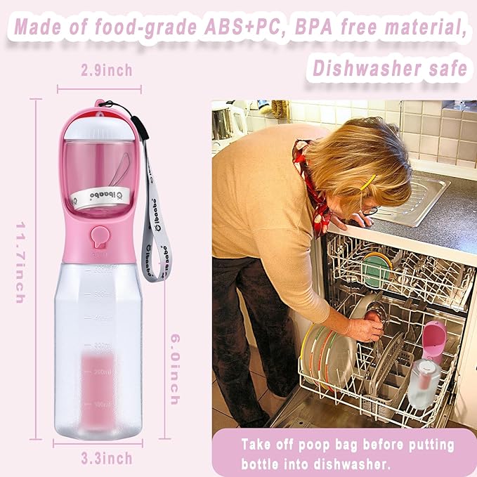 Dog Water Bottle with Food Container & Poop Bag Holder, Travel Water Bowl, Portable Pet Dispenser, Dog Gifts Stuff Accessories Items, Puppy Essentials for Yorkie Chihuahua Walking Hiking