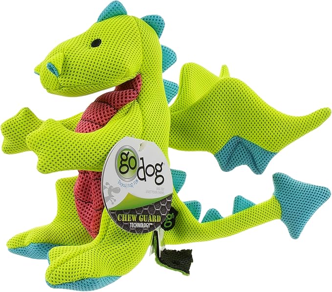 goDog Mesh Dragons Squeaky Plush Dog Toy, Double Chew Guard Technology - Green, Large