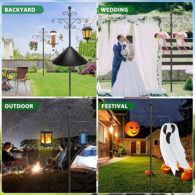 Bird Feeder Pole for Outdoors Heavy Duty Squirrel Proof, 2 Pack 108 Inch Adjustable Tall Shepherds Hooks for Outdoor with 7 Prongs Base, Double Shepherd Hooks (2 Pack Black, 108 Inch)