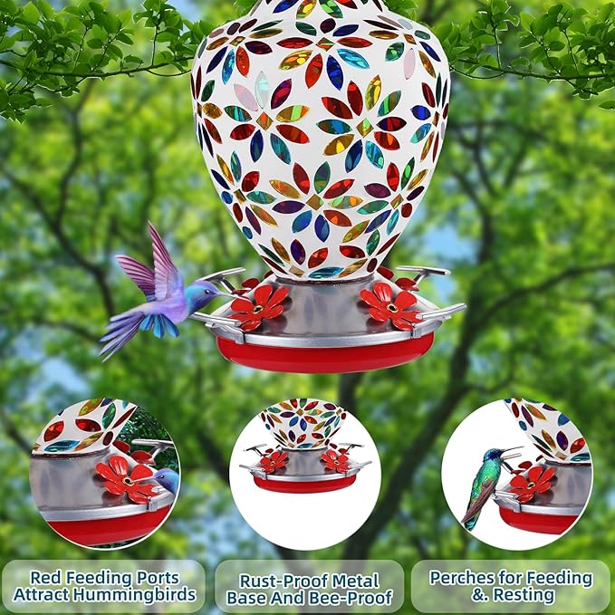 VOREEN Glass Mosaic Hummingbird Feeders, 35OZ with Ant Moat & 4 Feeding Ports, Hand Blown Glass Outdoor Hanging Porch Garden Backyard Decor, Gift for Mom Wife Friend, Flowers Design