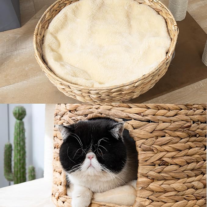 Large Wood Cat Tree Tower for Indoor Cats, Multi-Cats Scratching Post & Cat Condo with Handwoven Cat House Basket, Thick Sisal Posts, Modern Stable Cats Tower Furniture