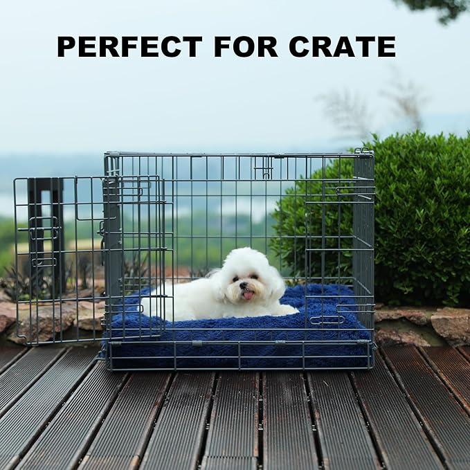 Bedfolks Waterproof Dog Crate Pad, Plush Dog Kennel Bed with Removable Cover, Faux Fur, Washable, 21"x13", Dark Blue