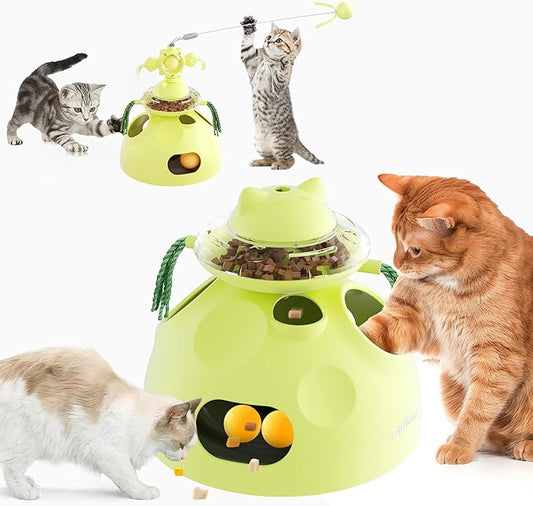 4-in-1 Cat Toys, Interactive Cats Toy with Track Balls, Fluttering Feathers, Slow Food Dispenser, Fun & Engaging Cat Toys for Bored Indoor Cats, Durable & Safe (Green)