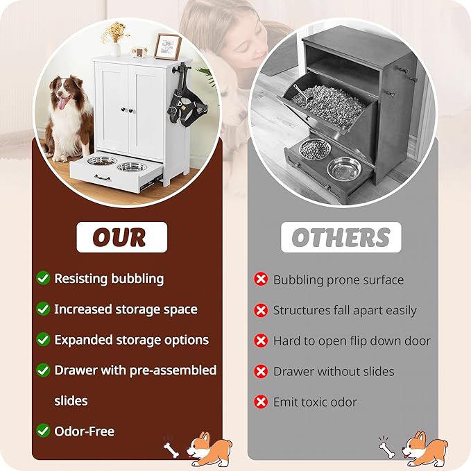 ALINE FURNITURE Dog Feeding Station with Storage Cabinet and 2 Elevated Dog Bowls, Hidden Pet Feeder Station Wood, Dog & Cat Storage Organizer, White
