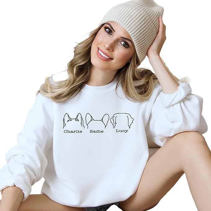 Custom Dog Mom Shirt for Women Pet Ears Sweatshirt with Name Unique Puppy Line Art Cute Dad Hoodie for DogDad Owner Lover