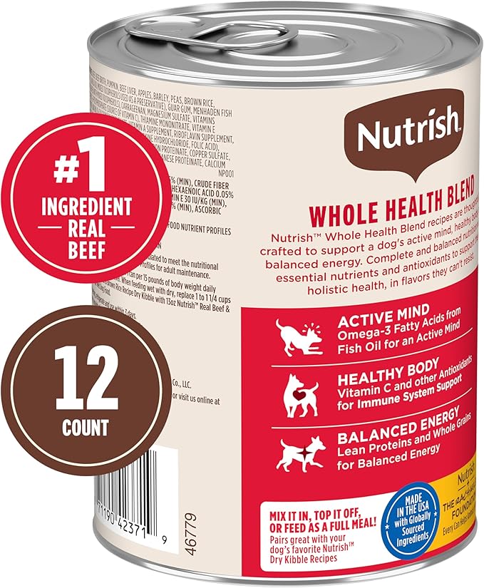 Nutrish Real Beef & Pumpkin Recipe Whole Health Blend Premium Paté Wet Dog Food, 13 oz. Can, 12 Count, Packaging May Vary (Rachael Ray)