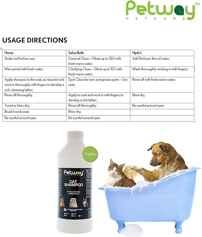Petway Petcare Cat Shampoo - Natural Pet Dandruff Shampoo, pH Balanced Shampoo with Plant Derived Surfactant, Free of DEA, Phosphates, Parabens & Enzymes, Removes Excess Oil, Dirt and Dandruff - 1 L