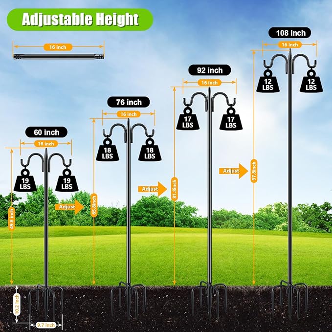 Gtongoko Double Shepherds Hook 92 Inch Bird Feeder Pole 1 Pack 3/4 Inch Thick Heavy Duty Garden Hooks for Outdoor Hanging Hummingbird Feeder, Plant Baskets, Solar Light Lanterns, String Light