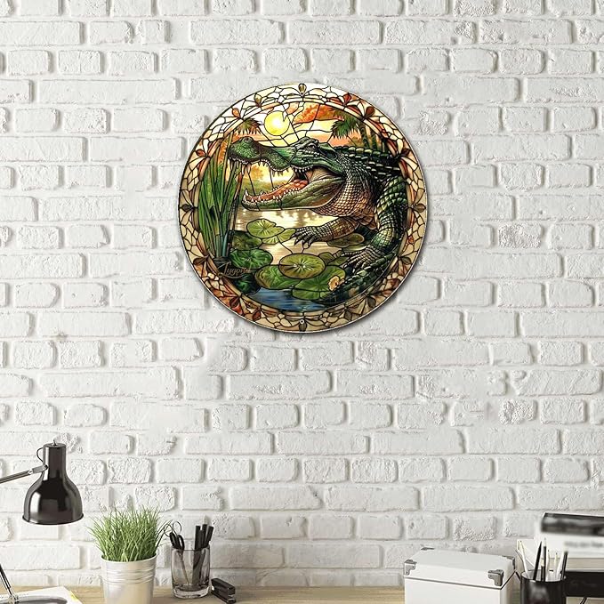 Lygond Metal Sign Tin Sign Circular Stained Glass Alligator Tin Signs for Garden for Pub 8×8 Inches