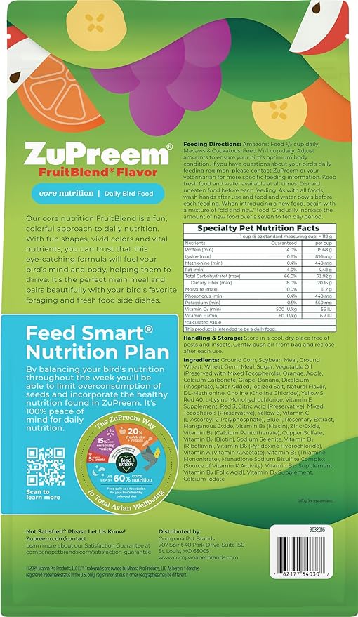 ZuPreem FruitBlend Bird Pellets, Daily Bird Food for Amazon, Cockatoo, Macaw, Core Nutrition for Large Birds, Made in USA, Pellets for Large Birds, Macaw Food (L, 3.5 lbs)