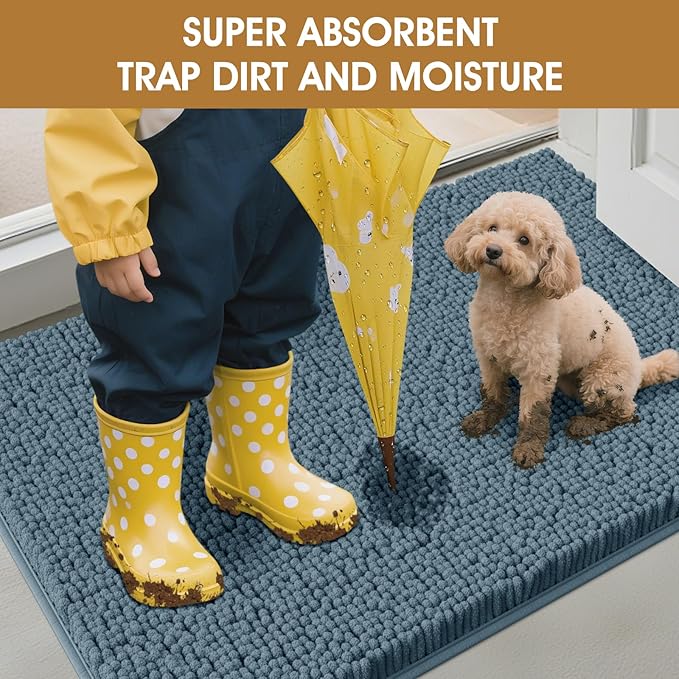 IM HOME 48" x 38" Dusty Blue Dog Door Mats for Muddy Paws, Chenille Absorbent Dog Mat, Non Slip Heavy Mud Mat for Dogs, Soft Pet Bed Mat for Entryway, Mud Paws, Inside Floor