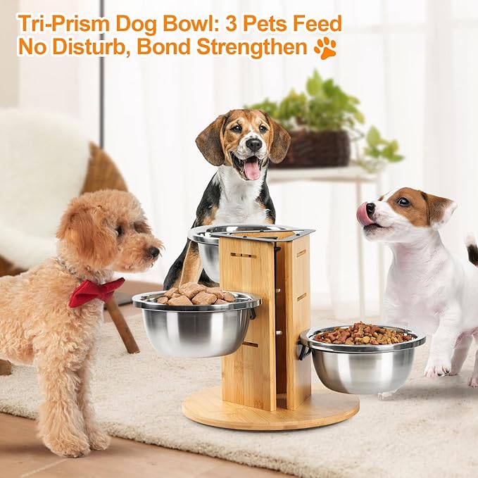 Elevated Dog Bowls, Natural Bamboo Raised Dog Bowl Stand for Medium to Large Sized Dogs 3 Adjustable Height Stand with 3 Thick 48oz Stainless Steel Bowls Non-Slip Base Pet Food Feeder