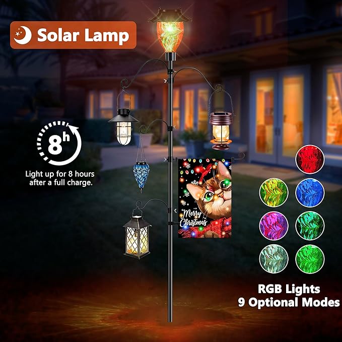 LUJII Solar Shepherds Hooks for Outdoors, Bird Feeder Pole with 4 Adjustable Hangers and 1 Flag Holder, Garden Stand for Hummingbird Feeders, Wind Chimes, Plant Baskets, Lanterns (Red)