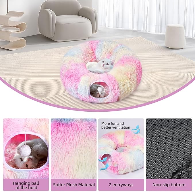 Odoland Cat Tunnels Bed with 20 Cat Toys for Indoor Cats, Plush Cat Couch Tunnel Bed for Kitten, Cat Cave Donut Tunnel - Detachable Soft Cat Bed and Variety Kitty Toy Set, Pink