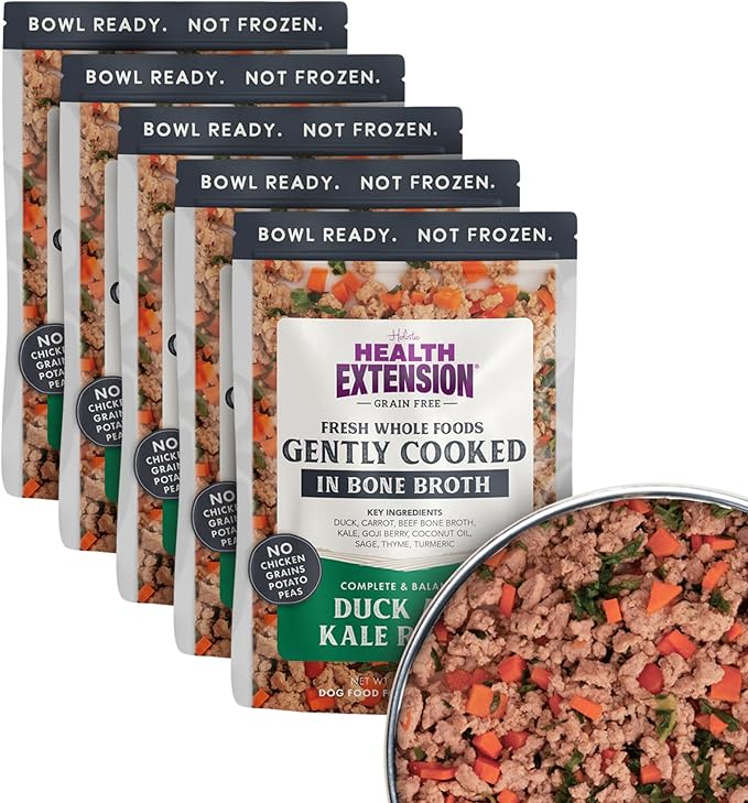 Health Extension Gently Cooked Grain-Free Duck & Kale Dog Food, Human-Grade & Shelf-Stable with Superfoods, Supports Digestion, Immunity, Skin & Coat, 9 oz Pouch (Pack of 5)