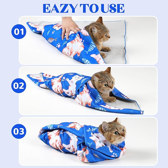 35.4“ Cat Wrap for Cutting Nails Self-Adherent Fabric Cat Wrap for Grooming Cat Restraint for Nail Clipping Anti-Escape Cat Calming Wrap Within 22lbs