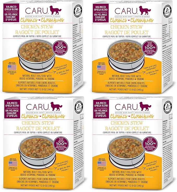 Caru - Classics Chicken Stew for Dogs - Healthy Wet Dog Food or Food Topper - Balanced Omega Blend - 12.5 oz Cartons - Pack of 4