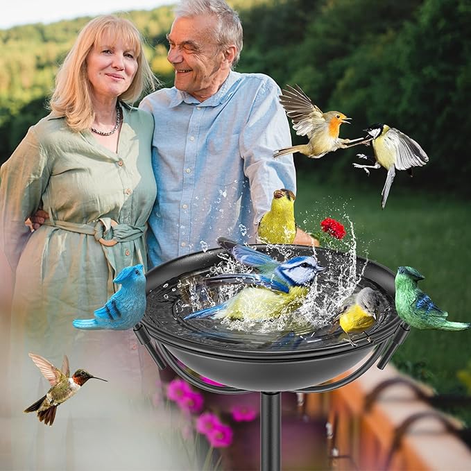 Outdoor 55In Metal Bird Bath for Outside, Cast Iron Tall Birdfeeder Birdbaths Bowl with 3 Resin Bird Statue Decorative, Bird Feeders for Outdoor Yard Lawn Patio Decor Black