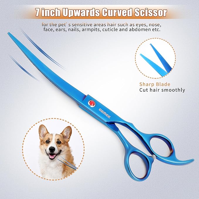 7.0in Titanium Professional Pet Grooming Scissors Set, GEMEK 6 in 1 Straight & Thinning & Upwards Curved & Downwards Curved Scissors & Comb for Dogs, Cats (Blue)