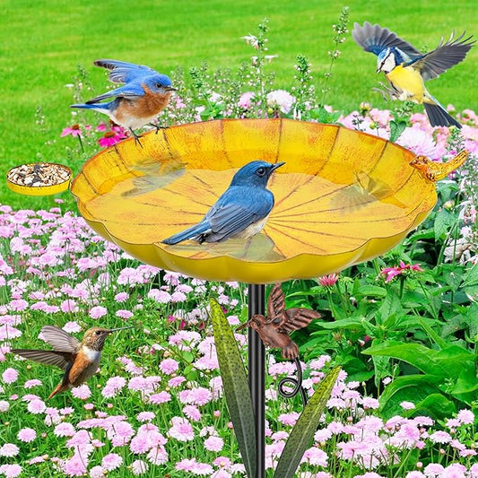 Metal Bird Bath for Outside, Detachable Birdbath Sturdy 5-Prong Stake Base with Bowl & Decorative Birds, Durable Iron Garden Birdbath & Feeder for Patio Wildlife Décor (Retro Yellow)
